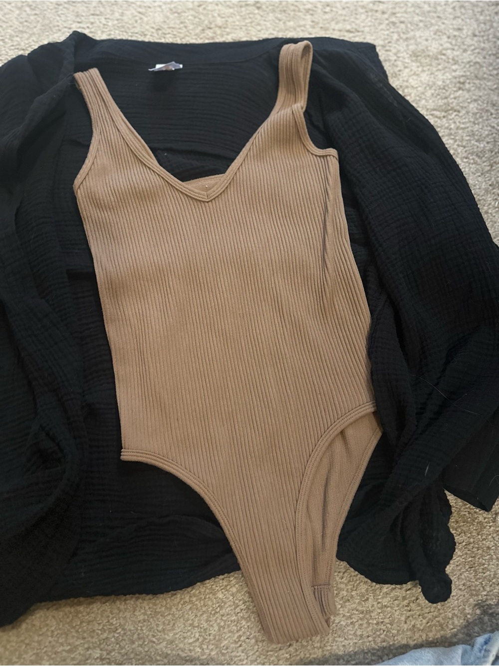 Aura Ribbed Brown V-Neck One-Piece Bodysuit S/M
